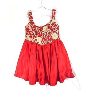 Davids Bridal Fifteen Roses Red Satin Embroidered Floral Cocktail Dress Sz 22